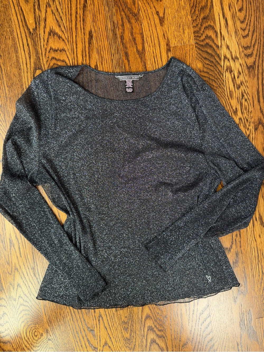 Victoria's Secret Black Metallic Mesh Sheer 90s Y2K Long-Sleeve Scoop Neck Top